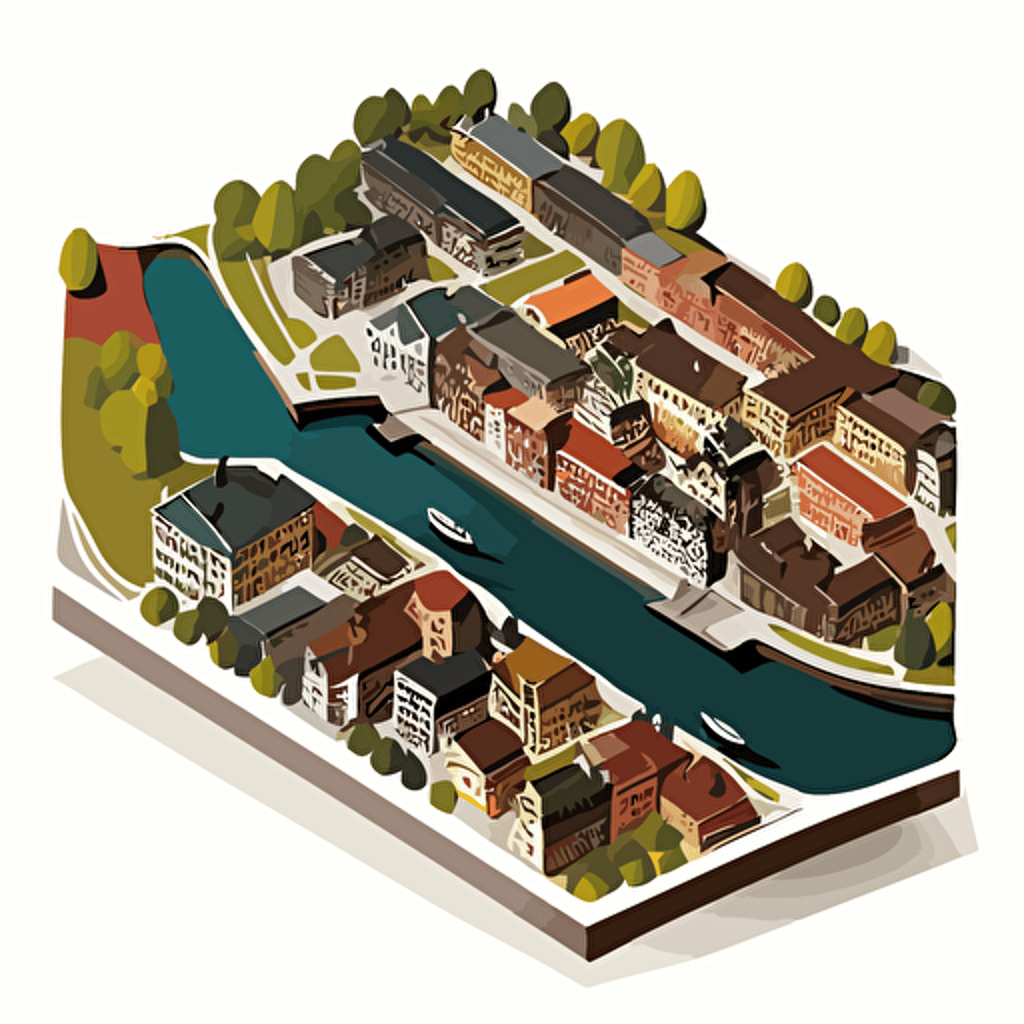 flat top-down view vector map of a city with a river in the middle , two colors, white backgrund