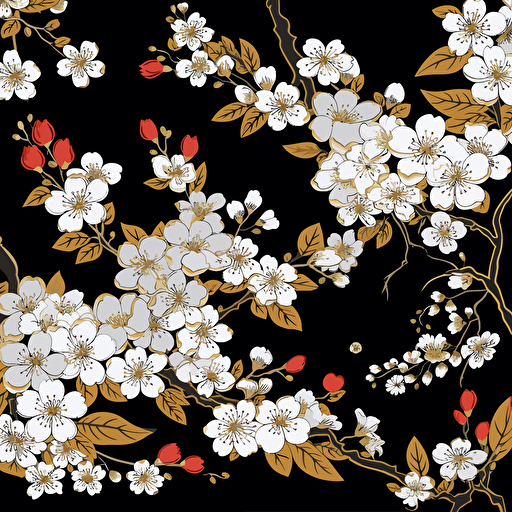 vector art, black backround, white japanese sakura flowers