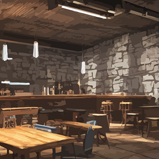 ultra mega super hyper realistic digital concept interior design cyberpunk tavern stone walls neon lights natural white sunlight transperient roof rendered vray davinci resolve maxwell lumion 3d volumetric natural light