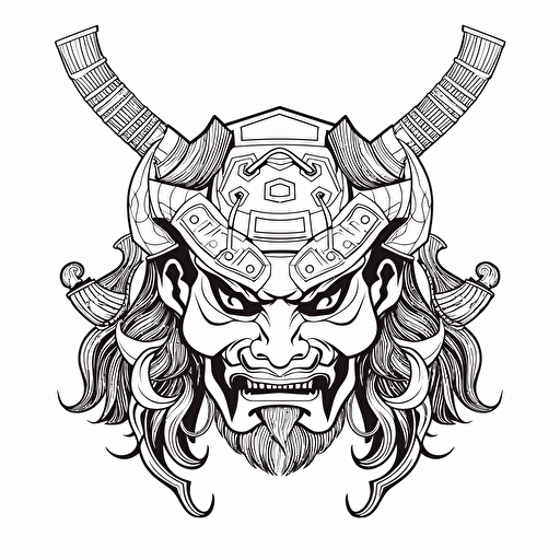 japanese mask samurai ignorant style No Shadow. Cartoon. Coloring page. Vector. Simple.
