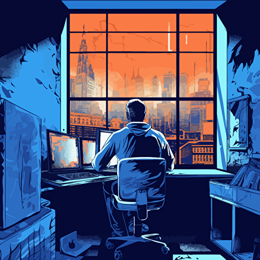 a vector image looking from behind a university teacher who is using a computer, window outlooking a prison yard, blue and orange and dark gray, graffiti style