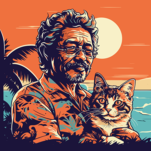 vector art style 48 year old hawaiian man, holding a cat, in the style of Micheal Parks