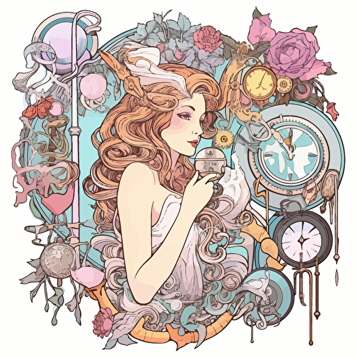 a collection of magical items, vector, clipart, white background, pastel shades, atmospheric, Alphonse Mucha style, artistic