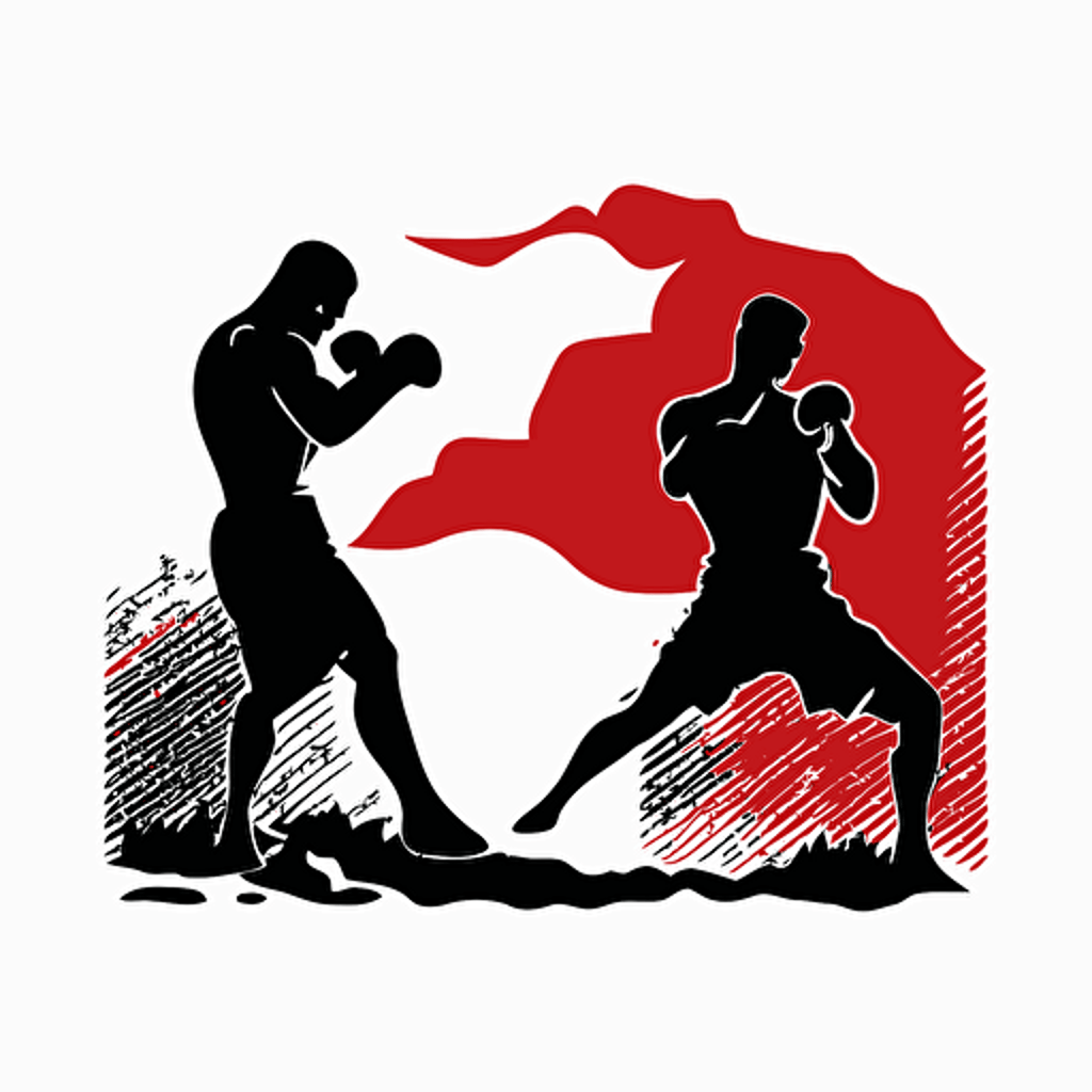 square logo, silhouette of a kickboxing men against a siberian nature, white background, flat image vector