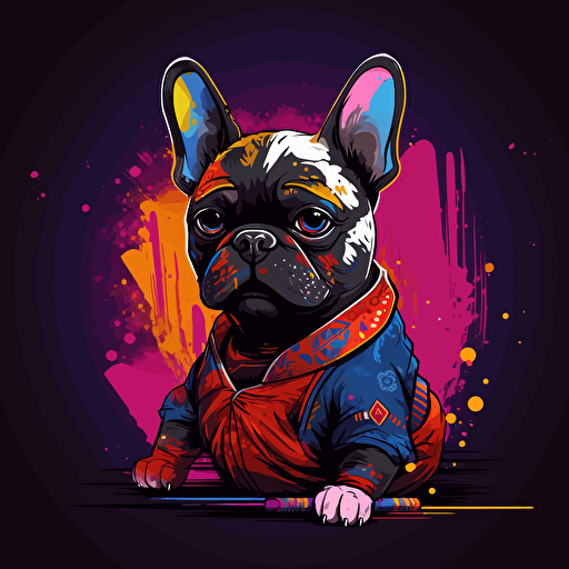 Cartoon French bulldog samurai, cyberpunk colours, vector art, cartoon, 32k