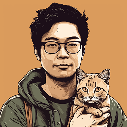 vector art style 28 year old asian man as a cat, in the style of Micheal Parks
