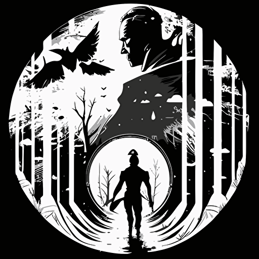 half heaven scenary with angel in background and half hell with demon in background encapsulate inside circle black and white Francesco Francavilla vector