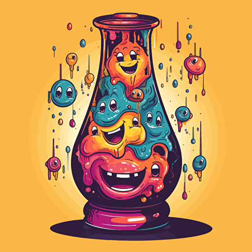 vector image of a drawing of a lava lamp, the liquid inside the lava lamp has trippy smiley faces inside floating around,
