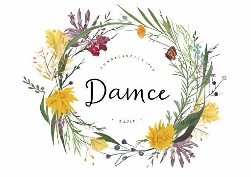 A white rectangle with a name surrounded by illustrated botanicals and flowers, wreath, vector flat, PNG, SVG, vector illustration