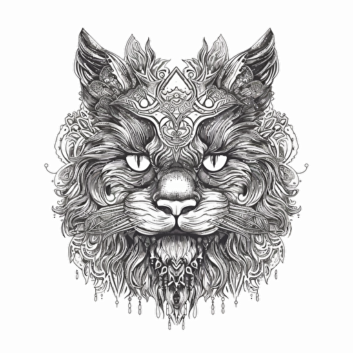 Gustave Dore style illustration vector of gothic cat, face painted, no color, no shading, vector, black and white, white background