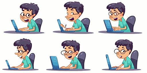 a boy using computer learning, happy expressions. 2D, vector illustration, bright colors. Drawing using AI.