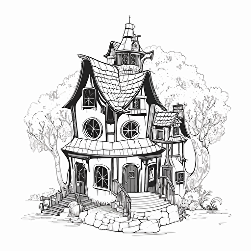 a tall whimsical black and white medieval hobbit house, in a flat 2d vector style, black and white, no perspective