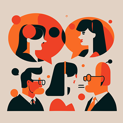 a group of people with no facial features and speech bubbles above them, simple vector corporate style, red and orange accents