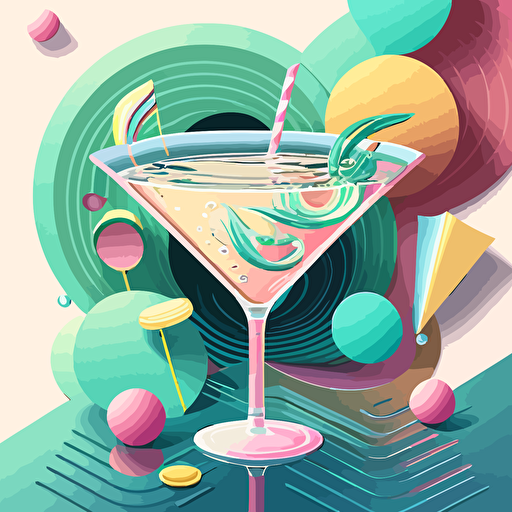 pool party, martini, music, vector illustrated, pastel colors