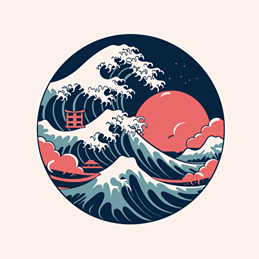 Flat vector media page logo with fuji hill and wave, retro, japanese style