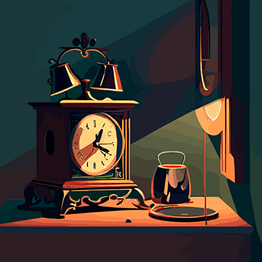 illustrated scene of a nightstand with a modern alarm clock. Vector. Moody. Detailed. Contrasting shadows. Modern