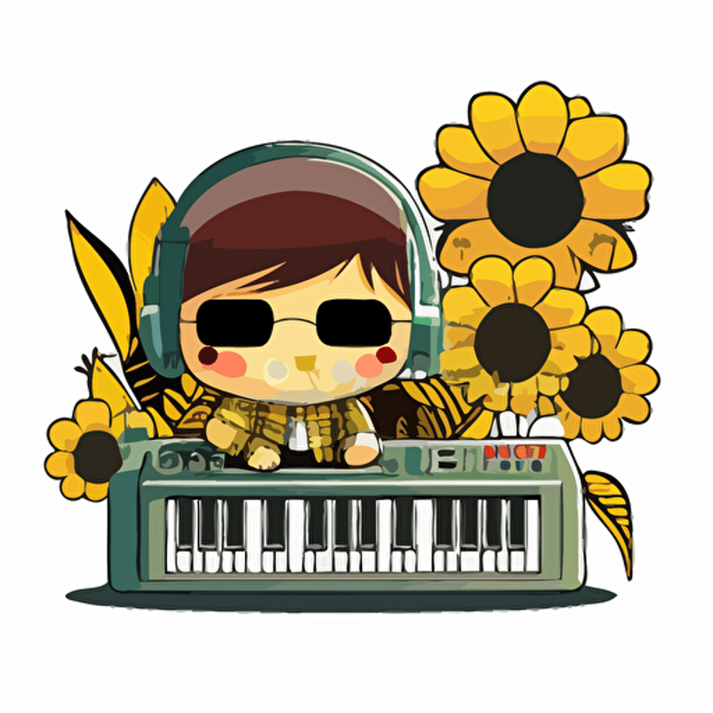 chubby asian boy with synthesizer piano and patterned layered outfit and sunflowers chibi sticker vector