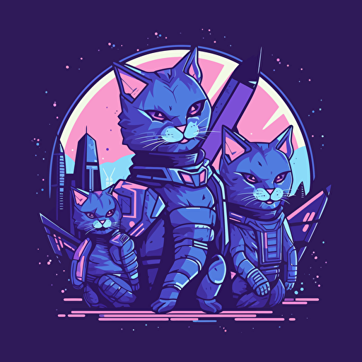 logo design, flat 2d vector logo of a group of futuristic anthromoporphic cyberpunk cats wearing sci-fi suits in the front and spaceships and buildings behind, muted purple and blue colors, 80s, star-wars-inspired, retro