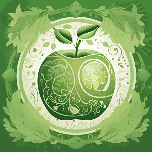 a green slicedd apple illustration with framed botanical ornaments simplified illustration with a shinning sun using the illustrator illustration styles, vectorized, moder pantone colorful pallet