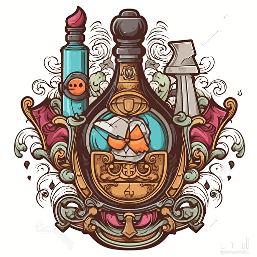 Digital illustration of coat of arms with thick black outline, fantasy inspired, shield, sword, potion, white background, cute, colorful cel-shaded potion bottle in Pixar style, prop design, contour, vector art