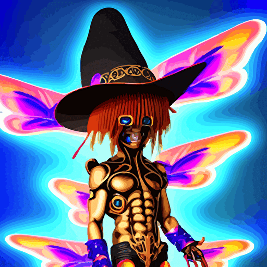 3d render chibi cyborg wizard demon ichiro tanida wearing big cowboy hat wearing angel wings psychedelic swirly background 3d butterflies 3d flowers n style 1990 cg graphics 3d rendered y2 k aesthetic ichiro tanida 3do magazine
