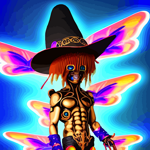 3d render chibi cyborg wizard demon ichiro tanida wearing big cowboy hat wearing angel wings psychedelic swirly background 3d butterflies 3d flowers n style 1990 cg graphics 3d rendered y2 k aesthetic ichiro tanida 3do magazine