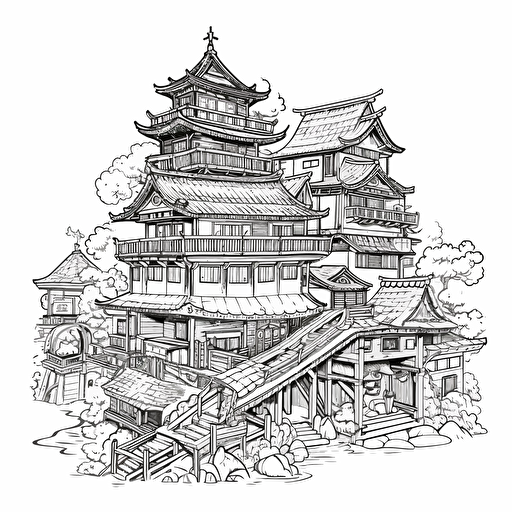 DND Fantasy. Japanese Style City. Wooden Architecture. No Shadow. Cartoon. Coloring page. Vector. Simple.