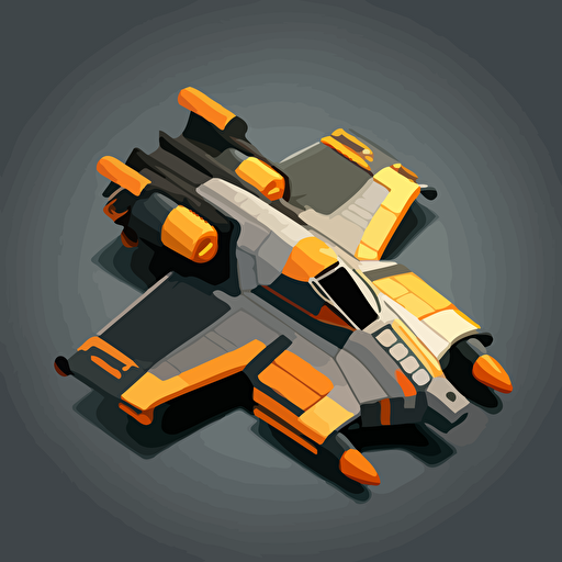 space ship from the Battlestar Galactica universe, top down, isometric, orange and grey, black background, minimalistic, vector