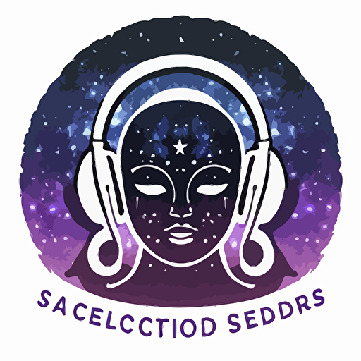 a vector logo design for a guided meditation company "Peaceful Sounds" . Using a front facing buddha with headphones, blues and purples. Galaxy and stars. white background.
