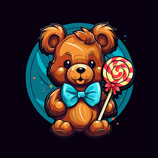 cybor teddy bear holding a lollypop wrapped in a bow logo design, vector art