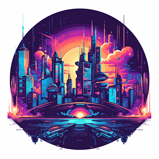 vector illustration of cool Cyberpunk city, simple colors and art, logo