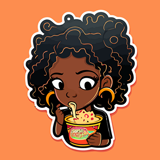 cute young black girl with natural hair eating ramen sticker art, vector, cut sticker