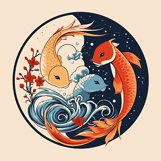 yin yang with fish and bird, fantasy, vector design, minimalistic, vibrant colors,