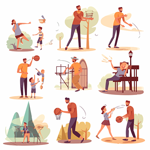 Father time with son. Parent dad enjoy recreation with kid boy, playing plane toy or sport basketball game, build tree house daddy happy fatherhood, set vector illustration of recreation together