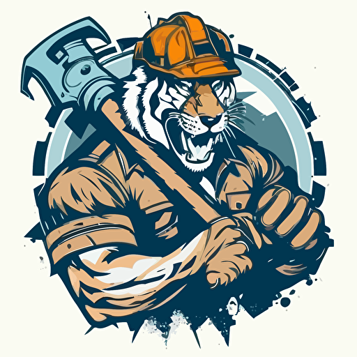 tiger head roaring with muscular man body and hard hat with large pipe wrench resting on shoulder in industrial background in the oil field, vector art, cartoon, white background, tough, dirty, mean, blue collar work, logo vector art**