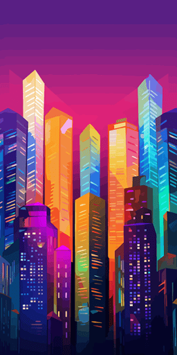 a new york city front view building skyscrapers, in style of spiderverse movie, with bright colors, vector artwork,