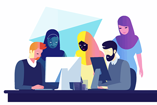 People in an office committing hate crimes, flat style illustration for business ideas, flat design vector, industrial, light and magical, high resolution, entrepreneur, colored cartoon style, light indigo and dark indigo, cad( computer aided design) , white background