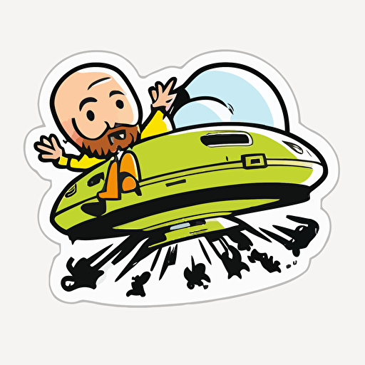 Ufo abducting a happy hippy, mike mignola style, white background, vector, cartoon sticker