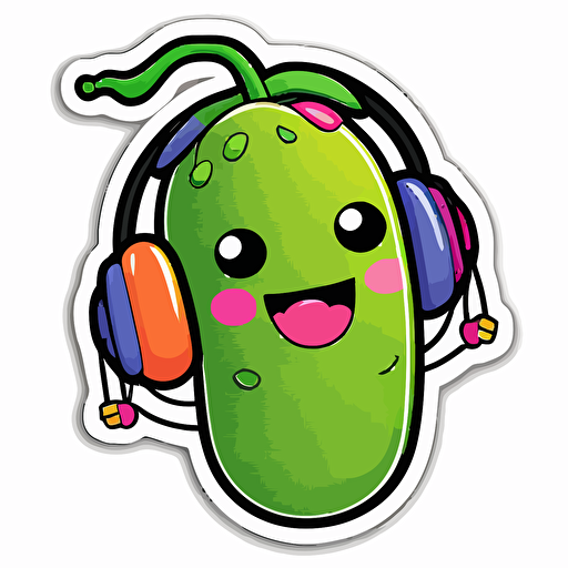 sticker, happy colorful pickle wearing headphones, kawaii, contour, vector, white background s 1000