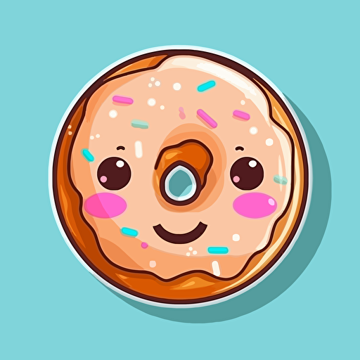 sticker, donut with sprinkles, cute small face. kawaii, contour, vector, white border, gray background
