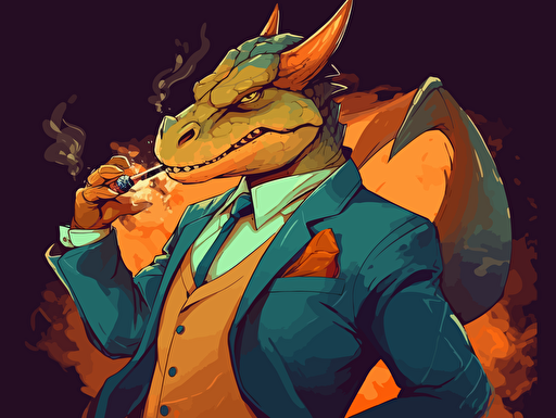 charizard wearing a business suit, smoking a big cigar, vector art, 2d,