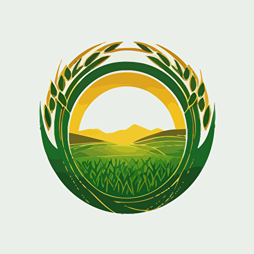 very simple logo for a circle on whose green field there are golden ears arranged in a circumference, and in the center the rising sun and letter lzs, vector flat, PNG, SVG, flat shading, solid background, mascot, logo, vector illustration, masterwork, 2D, simple, illustrator