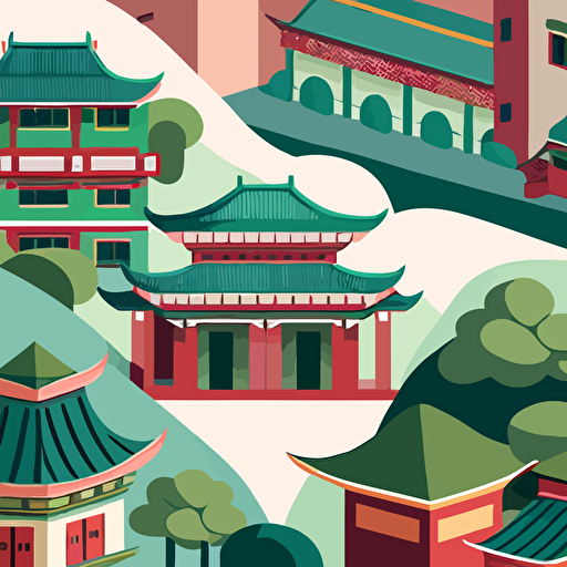 flat vector art, repeating tile of taiwanese buildings