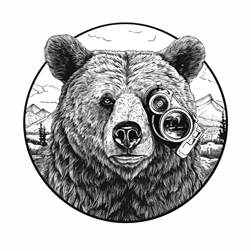 bear looking through binoculars, vector icon, black and white, white background, simple vector ::vwoodcut style