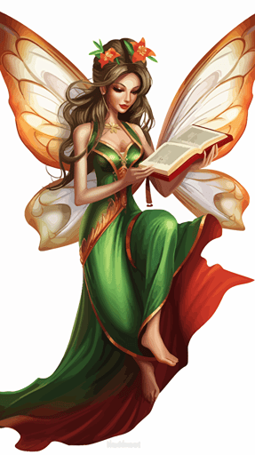 adult vector cartoon A very attractive female fairy reading from arcane book