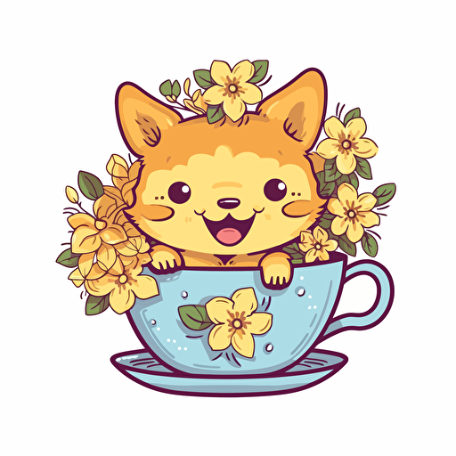 professional design vector, Happy cute colorful flower inu in a teacup, joy, vibrant colors, kawaii, contour, white background, smiling, happy, smile, joyful