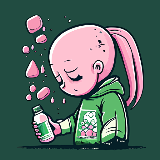 vector,splashy,pink,green,bald girl,holding pills bottles in hands,depressed,sad,crying