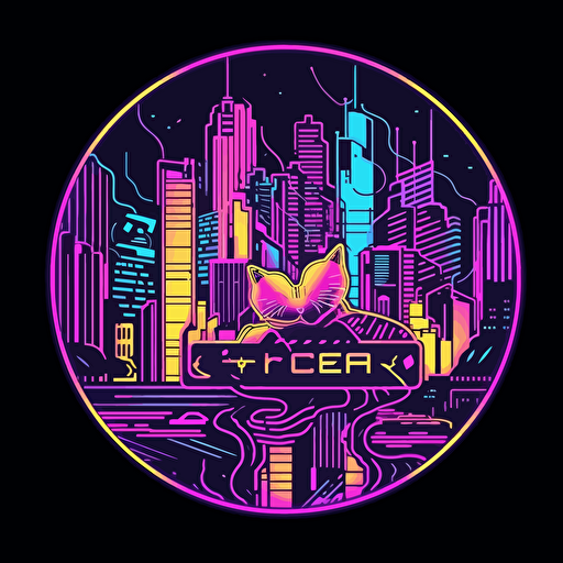 cyber neon anime style cat city street, inspired by blade runner, vectors. Design in circle with transparent backround