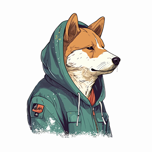 Shiba Inu wearing a hoodie, cartoon anime, 2/3 left side profile shot, sci