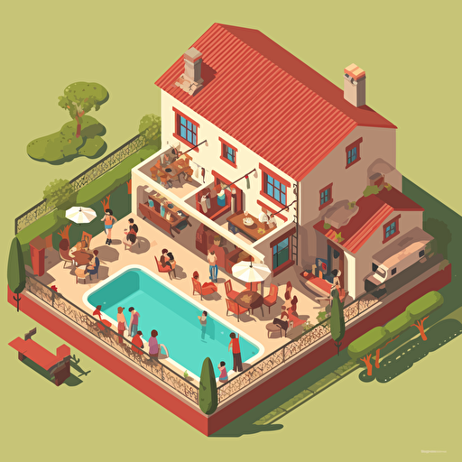 one story spanish villa, vector, isometric, small pool, kids on large lawn, father bbq, mother drinking wine